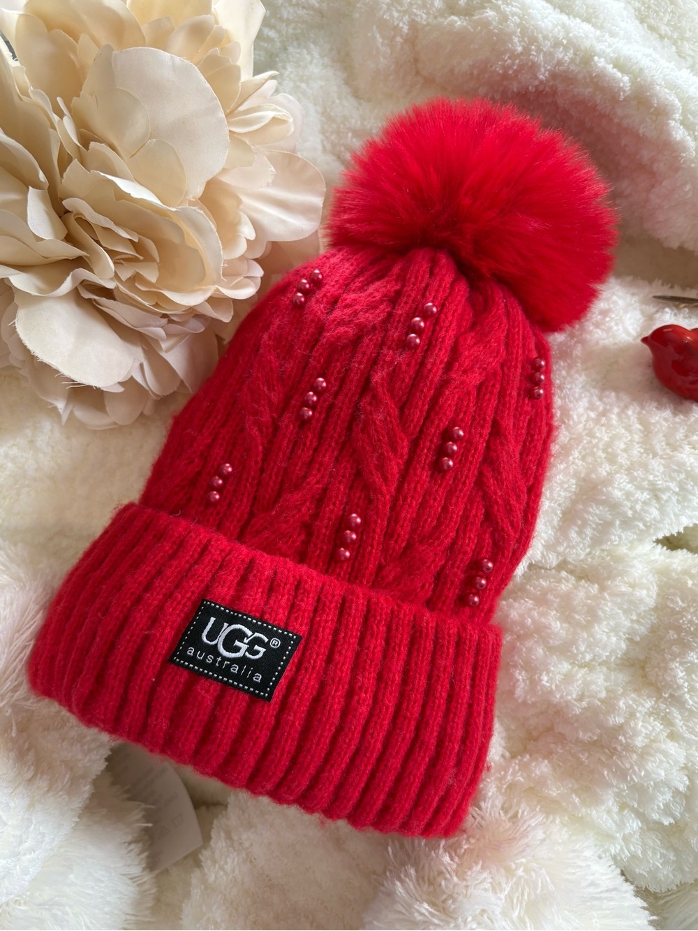 UGG Australia Red Beaded Cable Knit Pom Pom Beanie Winter Hat